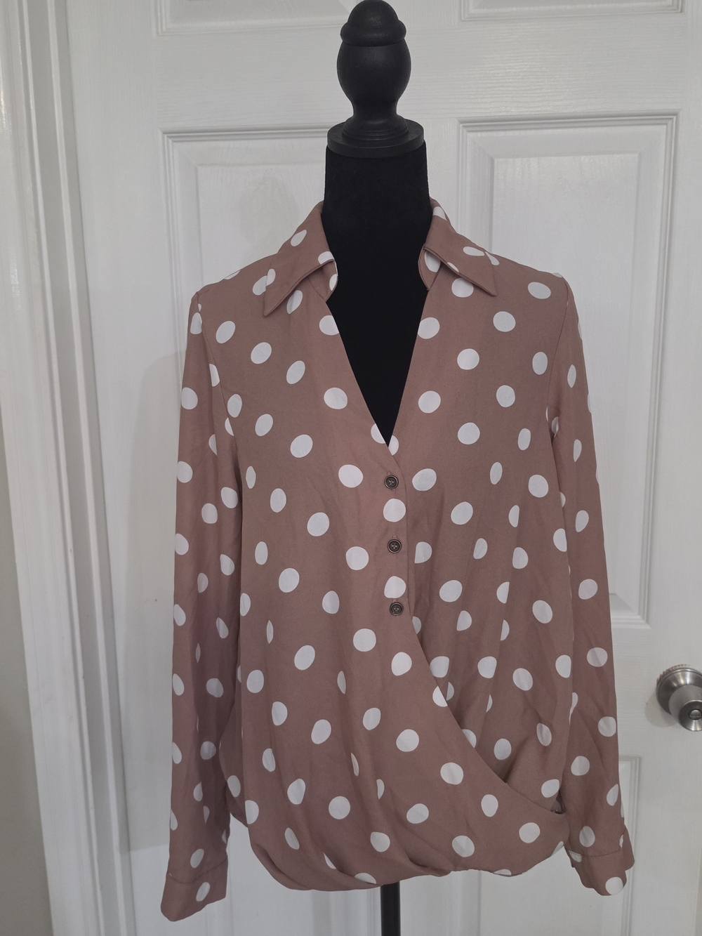 Polka Dot Wrap-Front Button Blouse in Mauve